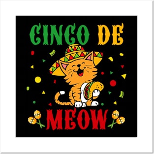 Cinco De Meow Shirt with Smiling Cat Taco and Sombrero Posters and Art